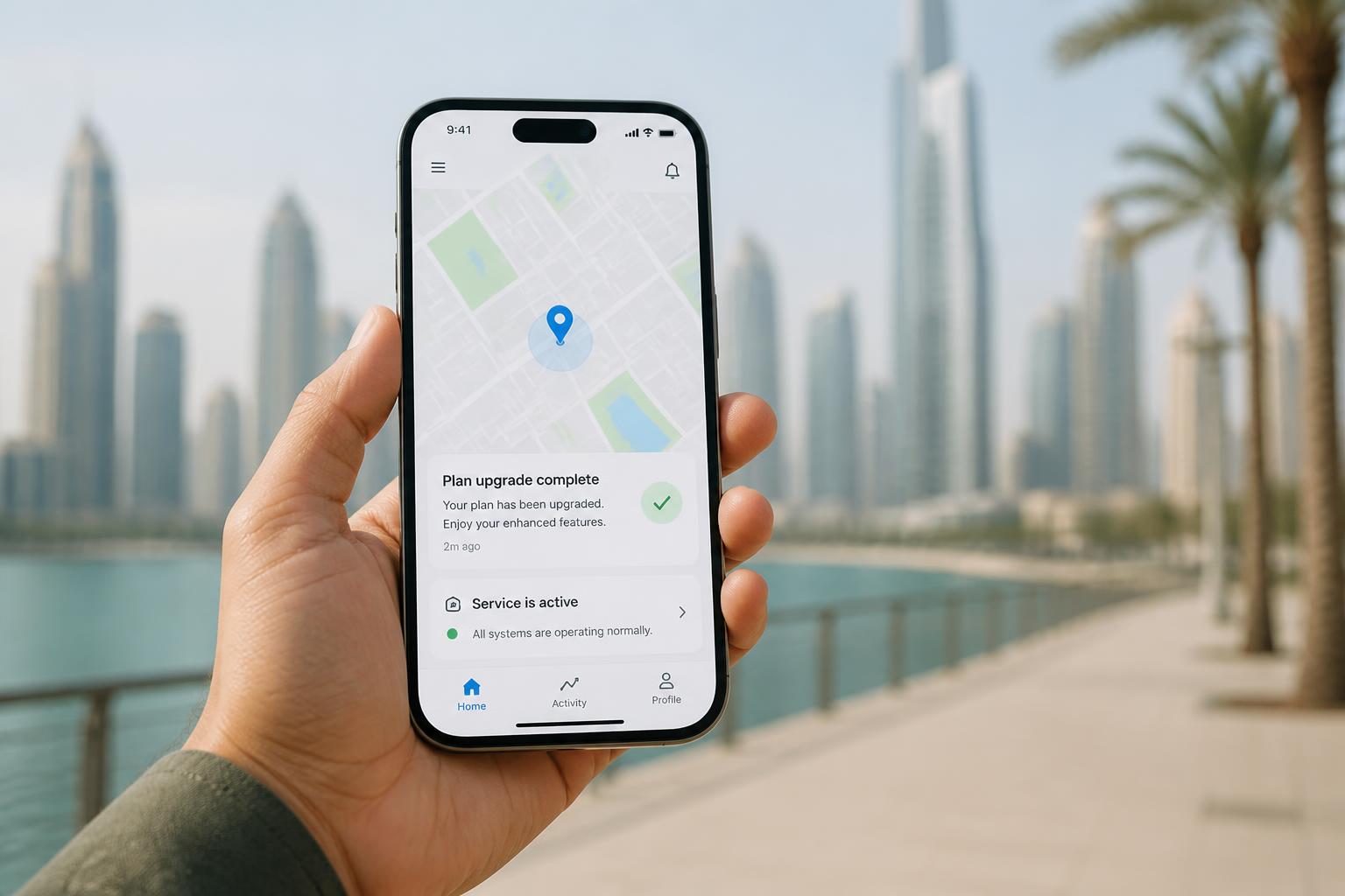 A smartphone displaying a public information app in a modern city setting
